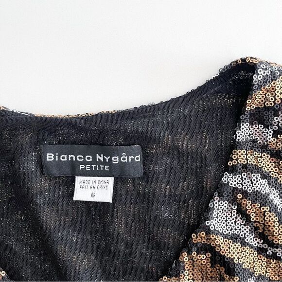 Bianca Nygard Petite Sequined Top Women's 6 V-Neck Gold Silver Cap Sleeves Lined - Picture 7 of 10